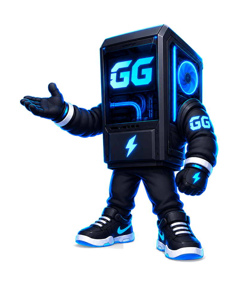 Mascote da GG Boost: um gabinete de PC gamer com o logo GG na tela, de jaqueta e tênis, com a mão aberta.